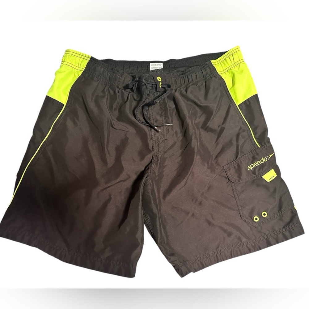 Speedo Mens‎ Sz M Trunks Lined Swim Shorts, Black, yellow Surf Board Beach Pool